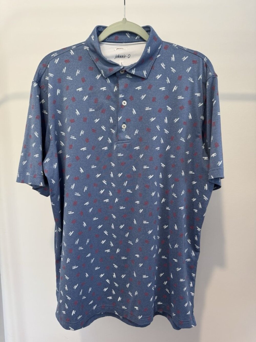 Johnnie-O Golf Polo Men's Large Blue All-Over Logo Print PREP-FORMANCE